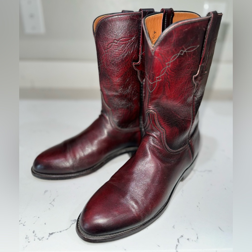VTG Lucchese Black Cherry Leather Roper Boots Size 9 D L6749 Used in good cond